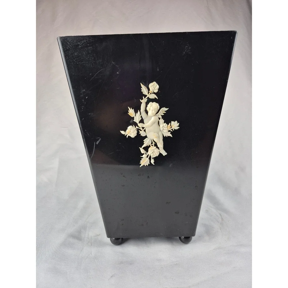 Schwarz Bros Vintage Cherub Rose Wastebasket Black Hollywood Regency Floral Can